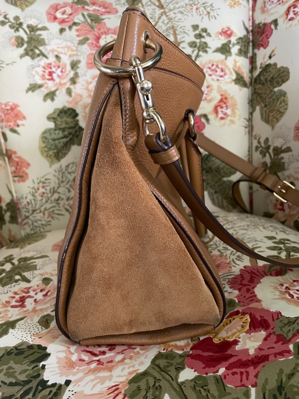 Coach Tan Pebbled Leather and Suede Satchel with Gold Hardware - Picture 5 of 7